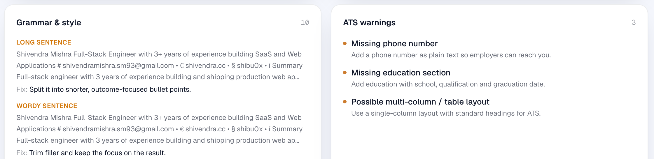 Hurdle ATS warnings and grammar analysis